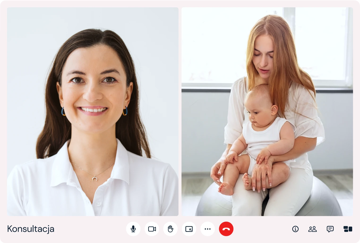 Konsultacja online – Izabella Malara-Zygaj po lewej stronie ekranu w białej koszulce uśmiecha się, po prawej mama z niemowlęciem siedzi na piłce gimnastycznej podczas ćwiczeń.